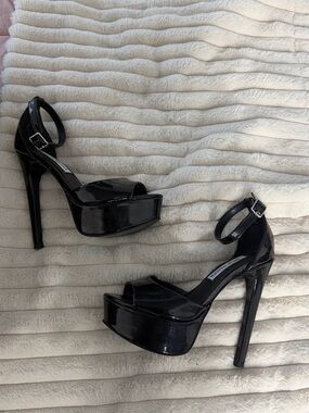 Steve Madden Black Patent Platform Ankle-Strap Stilettos